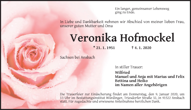  Traueranzeige für Veronika Hofmockel vom 07.01.2020 aus Ansbach