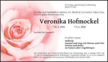 Traueranzeige von Veronika Hofmockel von Ansbach