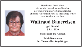 Traueranzeige von Waltraud Bauereisen von Ansbach