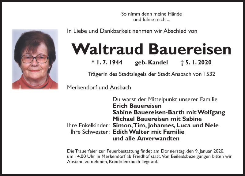  Traueranzeige für Waltraud Bauereisen vom 08.01.2020 aus Ansbach