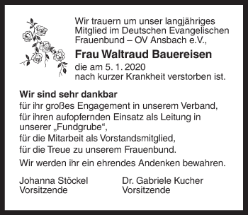 Traueranzeige von Waltraud Bauereisen von Ansbach