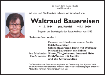 Traueranzeige von Waltraud Bauereisen von Ansbach