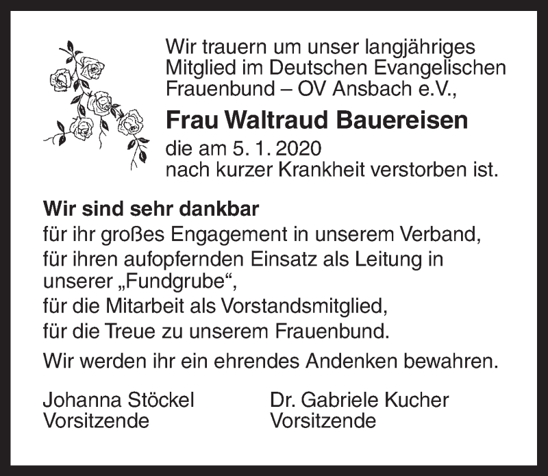  Traueranzeige für Waltraud Bauereisen vom 08.01.2020 aus Ansbach