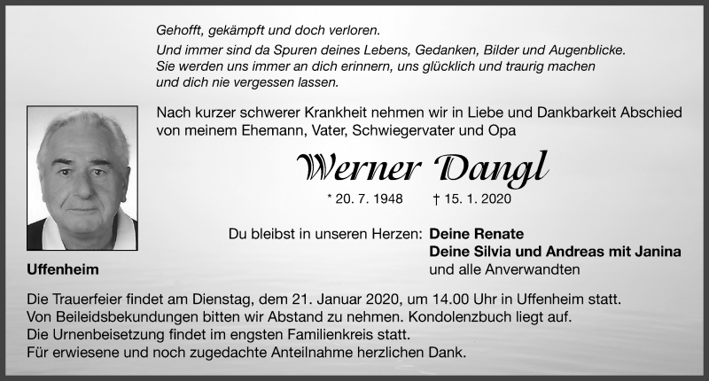  Traueranzeige für Werner Dangl vom 18.01.2020 aus Neustadt/ Scheinfeld/ Uffenheim