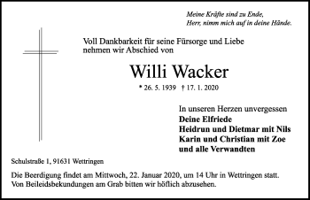 Traueranzeige von Wili Wacker von Rothenburg (Fränkischer Anzeiger)