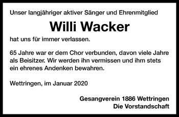 Traueranzeige von Willi Wacker von Rothenburg