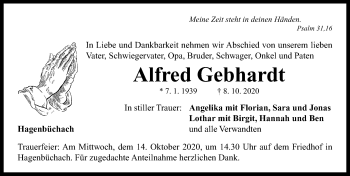 Traueranzeige von Alfred Gebhardt von Neustadt/ Scheinfeld/ Uffenheim