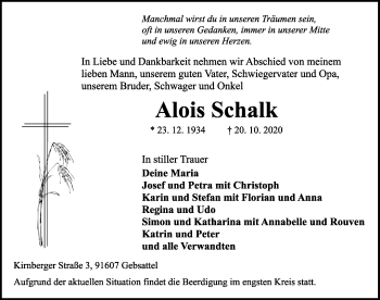 Traueranzeige von Alois Schalk von Rothenburg
