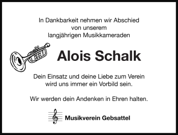 Traueranzeige von Alois Schalk von Rothenburg