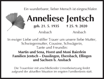 Traueranzeige von Anneliese Jentsch von Ansbach