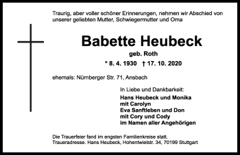 Traueranzeige von Babette Heubeck von Ansbach