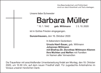 Traueranzeige von Barbara Müller von Dinkelsbühl/ Feuchtwangen