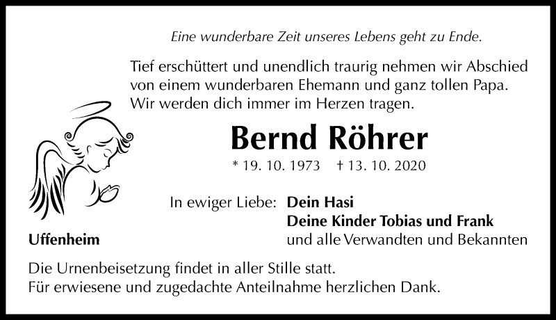  Traueranzeige für Bernd Röhrer vom 17.10.2020 aus Neustadt/ Scheinfeld/ Uffenheim