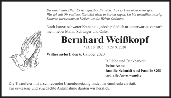 Traueranzeige von Bernhard Weißkopf von Neustadt/ Scheinfeld/ Uffenheim