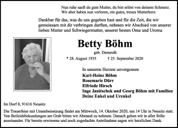 Traueranzeige von Betty Böhm von Rothenburg