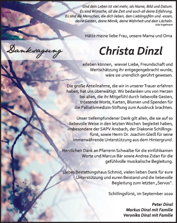 Traueranzeige von Christa Dinzl von Fränkische Landeszeitung