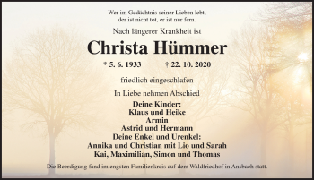 Traueranzeige von Christa Hümmer von Ansbach