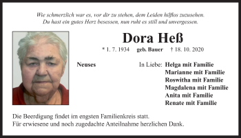 Traueranzeige von Dora Heß von Neustadt/ Scheinfeld/ Uffenheim