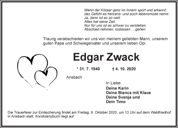 Traueranzeige von Edgar Zwack von Ansbach