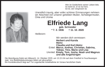 Traueranzeige von Elfriede Lang von Dinkelsbühl/ Feuchtwangen