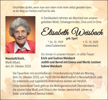 Traueranzeige von Elisabeth Weisbach von Neustadt/ Scheinfeld/ Uffenheim