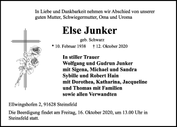 Traueranzeige von Else Junker von Rothenburg