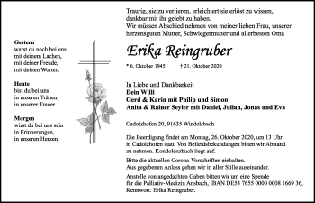 Traueranzeige von Erika Reingruber von Ansbach