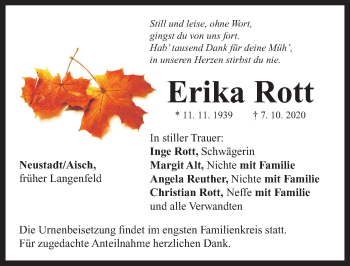 Traueranzeige von Erika Rott von Neustadt/ Scheinfeld/ Uffenheim