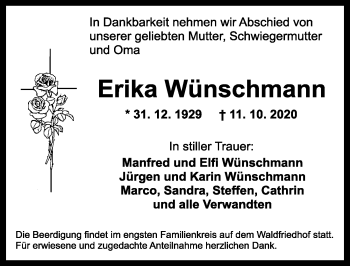Traueranzeige von Erika Wünschmann von Ansbach