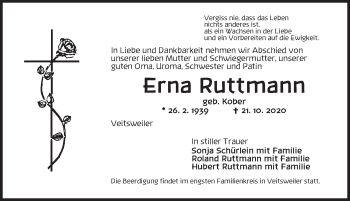 Traueranzeige von Erna Ruttmann von Dinkelsbühl/ Feuchtwangen