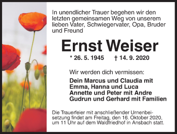 Traueranzeige von Ernst Weiser von Ansbach