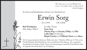 Traueranzeige von Erwin Sorg von Rothenburg