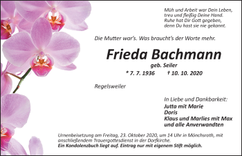 Traueranzeige von Frieda Bachmann von Dinkelsbühl/ Feuchtwangen