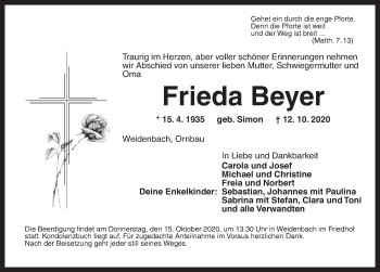 Traueranzeige von Frieda Beyer von Ansbach