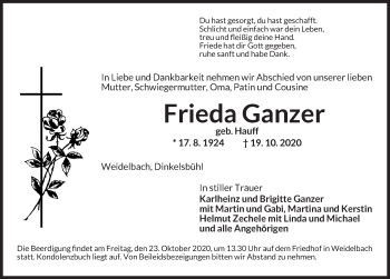 Traueranzeige von Frieda Ganzer von Dinkelsbühl/ Feuchtwangen