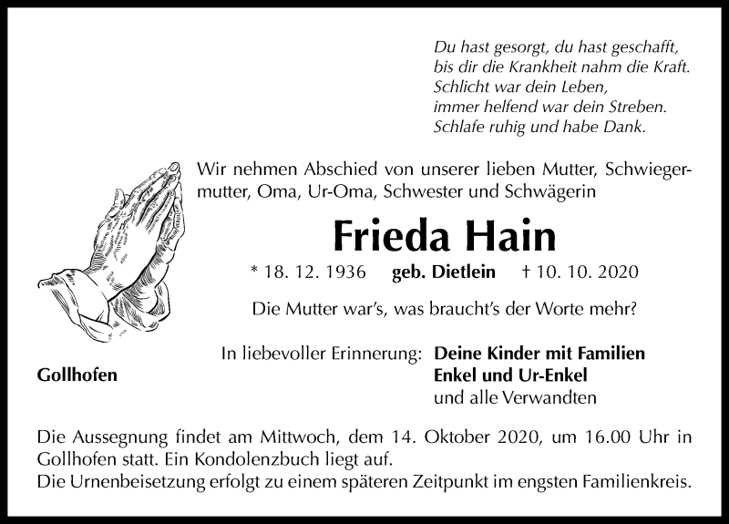  Traueranzeige für Frieda Hain vom 13.10.2020 aus Neustadt/ Scheinfeld/ Uffenheim