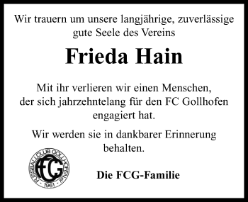 Traueranzeige von Frieda Hain von Neustadt/ Scheinfeld/ Uffenheim