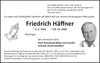 Traueranzeige von Friedrich Häffner von Dinkelsbühl/ Feuchtwangen