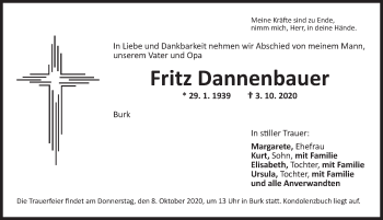 Traueranzeige von Fritz Dannenbauer von Dinkelsbühl/ Feuchtwangen