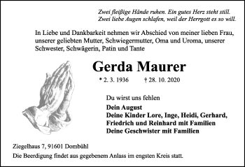 Traueranzeige von Gerda Maurer von Rothenburg