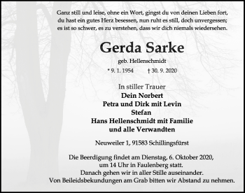 Traueranzeige von Gerda Sarke von Rothenburg