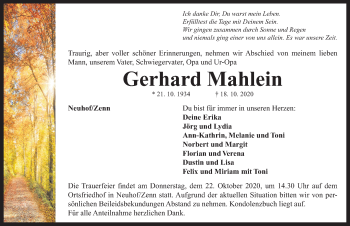 Traueranzeige von Gerhard Mahlein von Neustadt/ Scheinfeld/ Uffenheim