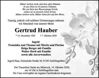 Traueranzeige von Gertrud Hauber von Rothenburg