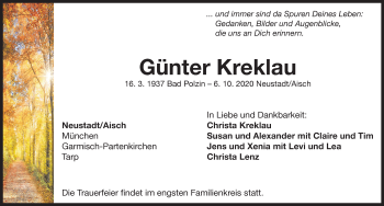 Traueranzeige von Günter Kreklau von Neustadt/ Scheinfeld/ Uffenheim