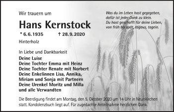 Traueranzeige von Hans Kernstock von Ansbach