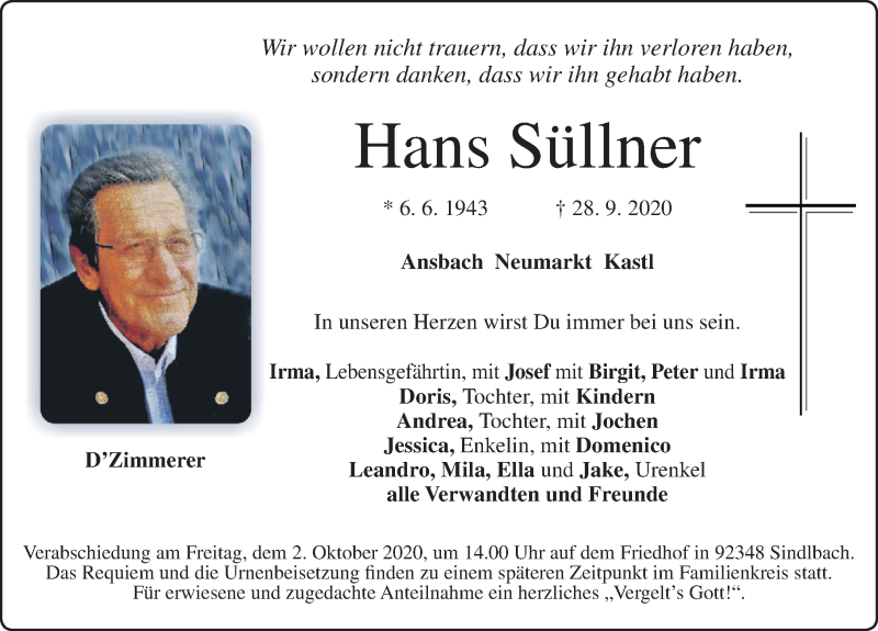  Traueranzeige für Hans Süllner vom 01.10.2020 aus Ansbach