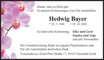 Traueranzeige von Hedwig Bayer von Neustadt/ Scheinfeld/ Uffenheim