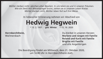 Traueranzeige von Hedwig Hegwein von Neustadt/ Scheinfeld/ Uffenheim