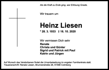 Traueranzeige von Heinz Liesen von Ansbach