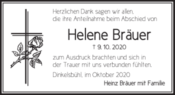 Traueranzeige von Helene Bräuer von Dinkelsbühl/ Feuchtwangen